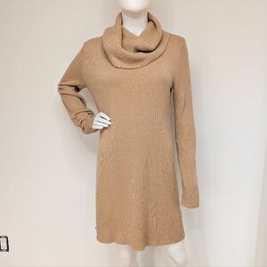 Warm Caramel Tan Cowl Neck Sweater Dress